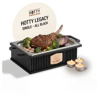 HOTTY Legacy Warmhalteplatte fürs Grillen – BBQ-Design Speisenwärmer mit personalisierbarem Batch – Stövchen für Grillgut mit Kerzen – Personalisiertes BBQ-Board für Grillpartys (All Black, S)