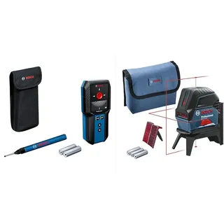 Bosch Professional Ortungsgerät GMS 120-27 (Ortet nicht-magnetisches Metall, magnetisches Metall, Spannungsleitungen, Holz) & Kreuzlinienlaser GCL 2-15 (bis zu 15 m, 3x AA,RM 1, Laserzieltafel)