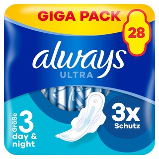 Always Ultra Binden Damen Gr. 3, Day & Night (28 Damenbinden mit Flügeln) Giga Pack, dünn und super saugfähig, geruchsneutralisierend und Auslaufschutz