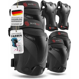 SKATEWIZ Knieschoner Kinder - Schoner Inliner Kinder - Knieschützer - Schützer Inliner Schoner Set - Protektoren Knie und Ellenbogenschützer - PROTECT-1 Schwarz Größe S - Skateboard, Inline Skates
