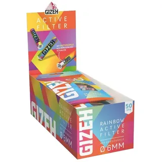 GIZEH RAINBOW Active Filter – Aktivkohlefilter 6 mm Durchmesser – Aktivkohlefilter slim mit Aktivkohle aus Kokosschale – Filter mit 27 mm Länge - 10 Beutel á 50 Filter