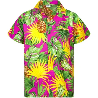 King Kameha Funky Hawaiihemd Kinder Jungen Mädchen Kurzarm Fronttasche Hawaii-Print Unisex Ananas Blätter Muster - 10 Jahre