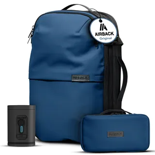 Airback Cabin Bag Bundle, incl Toiletry Bag and Bulit-in Vaccum System Pump - Carry on Luggage - for Weekend travel, Water Resistant and USB-C Charge Port Urban Navy Blue
