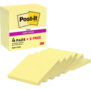 Post-it 4 + 2 GRATIS: Post-it® Super Sticky Notes Haftnotizen extrastark gelb, 4 Blöcke + GRATIS 2 Blöcke