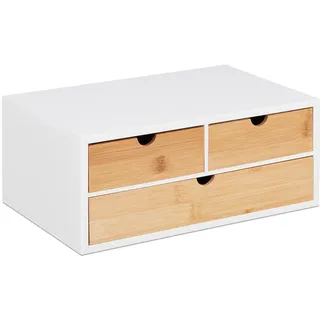 Relaxdays Schreibtisch Organizer, 3 Schubladen, für Büroutensilien, HxBxT: 14 x 33 x 21 cm, Bambus & MDF, weiß/natur