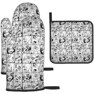 Lustiges Ahegao Ofenhandschuhe und Topflappen, Set mit 3 hitzebeständigen Ofenhandschuhen, rutschfeste Topflappen, Küchenhandschuhe und Pad zum Backen, Kochen, Grillen, Grillen