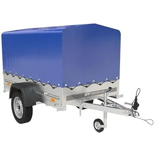 UNITRAILER Anhänger Garden Trailer 200 Kipp, Ladefläche: 200x106 cm, Max. Zulässiges Gesamtgewicht 750 kg – Auto Anhänger mit Hochspriegel, Blauer Anhängerplane Hochplane und Stützrad