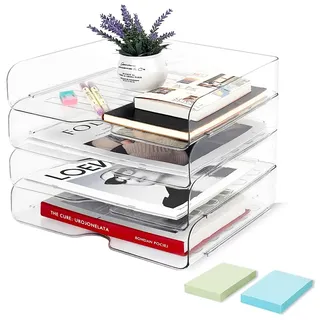 4 Stück Dokumentenablage A4 Transparent, Briefablage Stapelbar mit 2 Haftnotizen, Acryl PET Ablagefächer Schreibtisch Papierablage Ablagekorb Briefkorb für Zeitschriften Papier Brief Bürobedarf
