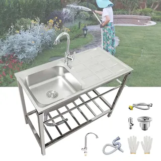 Freistehende Edelstahl-Waschbecken Mit Wasserhahn, Für Waschküche, Garten, Garage, Spülbecken Küchenspüle, Outdoor Spüle Mit Werkbank Und Lagerregalen, Einfach Zu Montieren ( Size : 75x40xH75cm )