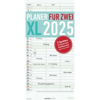 ALPHA EDITION GmbH & Co. KG Planer für 2 XL 2025 mit 3 Spalten - Familien-Timer 22x45 cm - Offset-Papier - mit Ferienterminen - Wand-Planer - Familienkalender - Alpha Edition