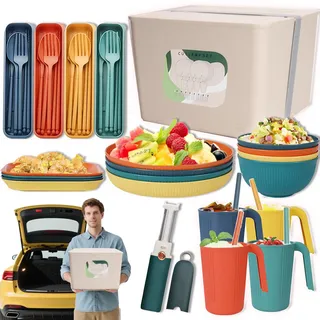 Sadodo 42 Teiliges Camping Geschirr Set mit Auto Aufbewahrungsbox für 4 Personen, Reisen Besteckset Picknick Grill mit Tasse,Schüsseln,Schäler,Camping Teller,Gabel,Messer,Löffel,Schneidebrett