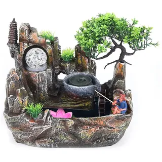 HarBin-Star Zimmerbrunnen mit LED Beleuchtung, Tischbrunnen Wasserfall, GartenAquariumHarz Desktop-Brunnen, Zimmerbrunnen mit Pflanzen 30 x 18 x 26cm