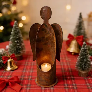 Rost Deko Engel Kerzenhalter Metall, Engel Rost mit Flügeln Teelichthalter Rostdeko, Vintage Kerzenhalter Rostfarben, Rostfiguren Kerzenständer,Edelrost Weihnachtsengel Dekoration für Tisch Kamin (B)