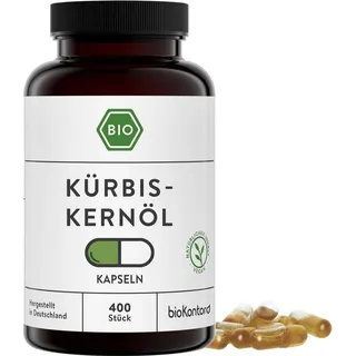 bioKontor – BIO Kürbiskernöl Kapseln hochdosiert 400 Stück – 1000mg – vegan | 6-Monats-Vorrat – 1000mg Tagesdosis – Kürbiskernöl kaltgepresst & nativ – deutsche Herstellung – Pumpkin Seed Oil capsules