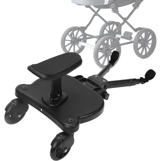 Jaxguom Buggy Board mit Sitz, Kiddy Board für Kinderwagen, Universal Trittbrett mit abnehmbarem Sitz, 360 Grad Doppelrad, verstellbar, bis 25 kg, Schwarz