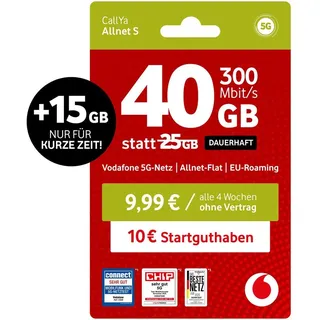 Vodafone Prepaid CallYa S | 40GB statt 25 GB | 10 EUR Guthaben | ohne Vertrag | 5G | Allnet Flat | EU-Roaming | Weltweit nutzbar