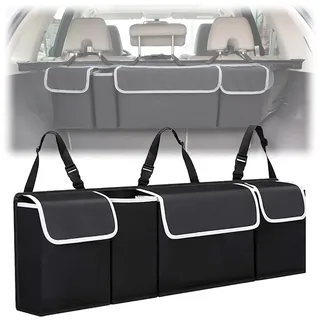 Seutmrou Faltbarer Auto Aufbewahrungstasche, mit 4 Taschen Und Verstellgurten Kofferraumtasche Wasserdicht Rücksitz Kofferraumtasche 90×12×25cm Autoorganizer für Aufbewahren & Verstauen
