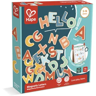 Hape Magnetische Buchstaben – 70 Bunte Magnetbuchstaben aus Holz, Alphabet-Lernspielzeug für Schreibübungen und Sprachförderung, Fördert die Feinmotorik, ab 3 Jahren