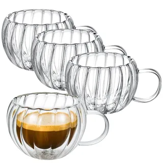 Wilmax - Thermogläser mit Henkel geriffelt - 4er-Set - 300 ml - Doppelwandige Kaffeegläser - Latte Macchiato Gläser Set - Cappuccino Gläser mit Henkel - Teegläser - Trinkgläser - Thermotasse