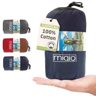 MIQIO® 2in1 Baumwoll-Hüttenschlafsack mit durchgängigem Reißverschluss (Koppelbar): Leichter Komfort Reiseschlafsack und XL Reisedecke in Einem - Sommer Schlafsack Innenschlafsack (Blau,Links)