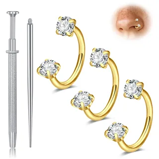 Nymora 18G Gold Nasenstecker Set, 8mm Fake Septum Piercing mit Zirkon, Helix Ring, Conch Piercing, Tragus Piercing, inkl. 2 Greifwerkzeugen für Damen