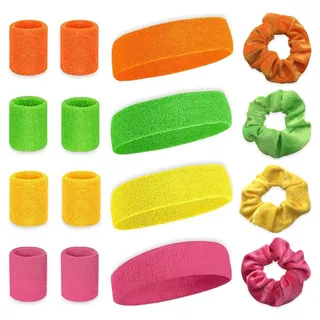 Aoreun Neon Schweißband Set, 16 Stück, 80er/90er Retro Party Accessoires, Wristband, Handgelenk, Stirn, Schweißband für Männer und Frauen, Fitness, Laufen, Sport, Zubehör