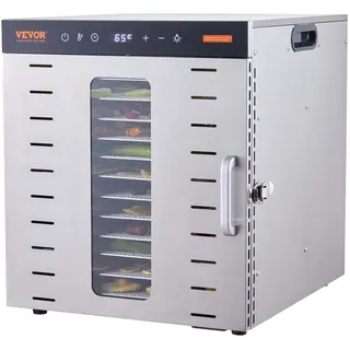 Vevor 1000 W Dörrautomat Edelstahl, 300 x 280 mm 10 Stk. Tabletts 360° Trocken, Dörrgerät, 30-90°C Temperaturregelung, 0,5 bis 48-Stunden-Timer, Überhitzungsschutz, Rezeptheft für Fleisch Obst Gemüse