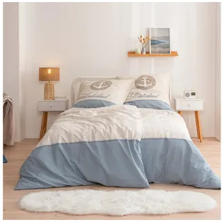 MTOnlinehandel Bettwäsche Küstenkind Anker, 100% Baumwolle, ideal als Partnerbettwäsche, Renforcé, 2 teilig, maritime Anker Bettwäsche gestreift beige
