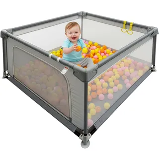 Relaxdays Laufstall Baby, 120 x 120 cm, Laufgitter, 50 Bällen, 2 Laufstallringe, sichere Spielecke, Oxford-Gewebe, grau