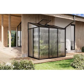 OUTFLEXX Verde Comfort Anlehn-Gewächshaus, schwarzer Rahmen, Aluminium pulverbeschichtet mit 4 mm Polycarbonatplatten, 192 x 125 x 210 cm, UV-beständig, mit Schiebetür und Belüftungsfenster