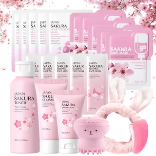 Sakura Gesichtspflege Set, Hautpflege Set Teenager Mädchen, Beauty Set Frauen, Feuchtigkeit & Reinigung mit Toner, Cleanser, Masken, Schlafmaske, Schlammmaske, Skin Zubehör, Beauty Geschenkset (21PCS)