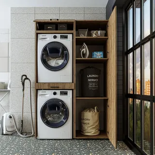 ROOMART, Schrankwand, Trockner auf Waschmaschine, 127 cm breit, Waschturm, Waschmachinenregal (3 Einlegeböden, Eiche)