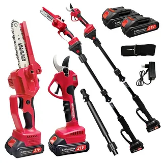 AIORBER 4-in-1 Akku Teleskop Astsäge und Astschere, 21V, 500W, 2 Akkus, 13ft Reichweite, Multiwinkel, Gartenschneider, Rot