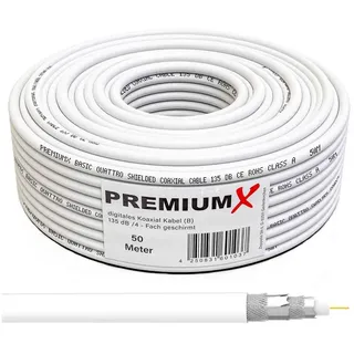 PremiumX 50m BASIC Koaxialkabel 135dB 4-fach geschirmt CCS Kupfer-Stahl Satelliten Koaxkabel Antennenkabel Digital SAT TV Kabel