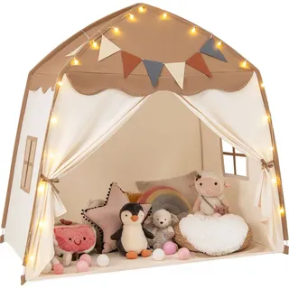 COSTWAY Spielhaus Indoor, Kinderzelt Spielzelt mit Flaggen & Lichterketten, Kinderspielhaus für Kinder 3+ 157x98x148cm Braun - Braun