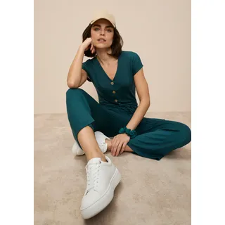 Culotte-Overall TAMARIS, Damen, Gr. 38, N-Gr, grün (dunkelgrün), Jersey, Obermaterial: 95% Viskose, 5% Elasthan, unifarben, figurumspielend ca. Mitte Wade, V-Ausschnitt, Overalls, mit Knopfleiste und Bindeband