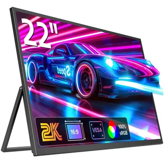 UPERFECT Portable Monitor 2K 22 Zoll Tragbarer Bildschirm mit 2560 * 1440 IPS Screen Integrierter Halterung Mini HDMI USB C für PC Laptop Handy Xbo Switch, VESA-kompatibel