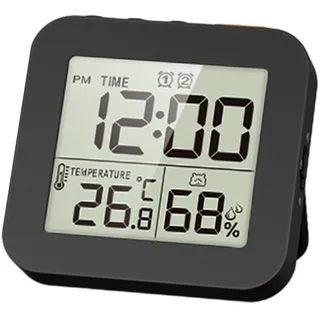 MagiDeal Badezimmeruhr, digitaler Duschtimer für Badezimmer, Wanduhr mit Alarm, Touchscreen, wasserdicht, tragbar, Innenthermometer, Hygrometer, Schwarz