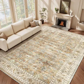 HOMFINE Beige Braun Vintage Teppich Wohnzimmer 200x300 cm Waschbarer Kurzflor Boho Teppiche Weich rutschfest Groß Retro Rugs for Living Room Carpet for Schlafzimmer Esszimmer Küche