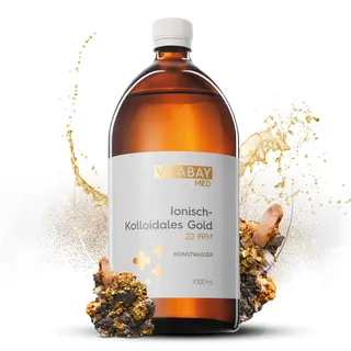Vitabay Kolloidales Gold 20 PPM 1000 ml - 20PPM Goldwasser mit Reinheitsstufe 99,99% - Monoatomisches Gold ebenso gut wie Kolloidales Gold 100 PPM - In Braunglasflasche - Made in Germany...
