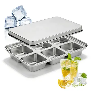 2 Pack Eiswürfelform Edelstahl, 6-Fach Eiswürfelbehälter mit Deckel, Groß Eiswürfelformen Edelstahl Stapelbar, Eiswürfelbox Eiswürfelschalen BPA Frei für Cocktail Whiskey Wein Schokolade Kaffee