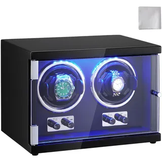VEVOR Uhrenbeweger, Automatik-Uhrenbeweger, Watch Winder, Uhrenbeweger für Automatikuhren, Automatischer Uhrenbeweger mit Platz für 2 Uhren, LED Beleuchtung, 150–207 mm Einstellbare Riemenlänge