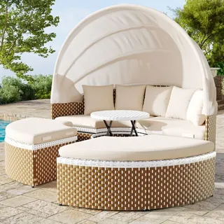 Garten-liegestuhl-set, Sonneninsel, Rattan-gartentisch Und Stühle, Garten-liegestuhl, Ausziehbares Vordach, Anhebbare Tischplatte, Beige, Inklusive Aller Kissen Und Sitzpolster