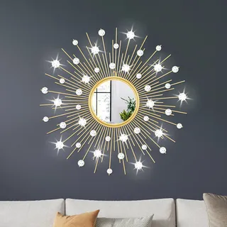 TaoliMo Gold Sunburst Spiegel für Wanddekoration, Metall-Sonnen-Wandspiegel, dekorativ mit Kristalldiamanten für Wohnzimmer, Schlafzimmer, Eingangsbereich, großer Kreis, Mitte des Jahrhunderts,
