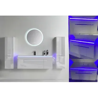 Faizee Möbel | Badmöbel-Set 90 cm in Weiß Hochglanz | Keramik-Waschbecken & runder LED-Spiegel | Badezimmermöbel mit 1x Seitenschrank Links | Modernes Design für stilvolle Bäder