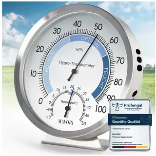 MAVORI MAVORI® 2in1 Hygrometer innen analog und Thermometer analog innen aus Edelstahl - Thermometer Hygrometer analog - Temperatur und Luftfeuchtigkeitsmesser innen für ein gesundes Raumklima - Ø 12,5cm