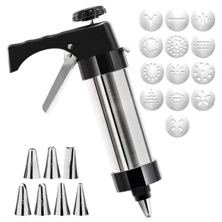 Dyaucwpo Edelstahl-Gebäckpresse, Gebäckspritze, Kekspresse mit 13 Schablonen und 8 Tüllen, Spritzgebäck Presse, Garnierspritze, Teigspritze, Keksmaschine, Backzubehör, Plätzchenpresse, Kekshersteller