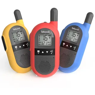 Talkpod Walkie Talkie 3er Set, Walkie Talkie Aufladbar für Erwachsene Kinder, 16 Kanäle Funkgeräte Set mit VOX, Walki Talki für Camping Wandern Geschenk (Rot+Gelb+Blau)