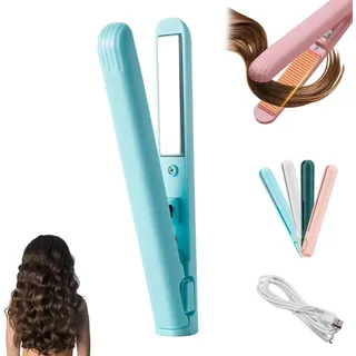 2-in-1 Mini Glätteisen, Mini Lockenstab mit Doppeltem Verwendungszweck für Kurze Haare, Reiseglätteisen für Frauen und Männer, Curling Iron Minis-Stylingtool für Glänzendes Haar (Blau)