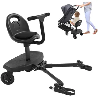 Buggy Board Für Alle Kinderwagen, Buggyboard Mit Sitz, 50Kg Trittbrett Mitfahrbrett Universal, 2-In-1 Kinderwagen Board Abnehmbarer Sitz Kiddy Board 360° Drehbare Stoßdämpfende Räder Für 2-6 Jahre